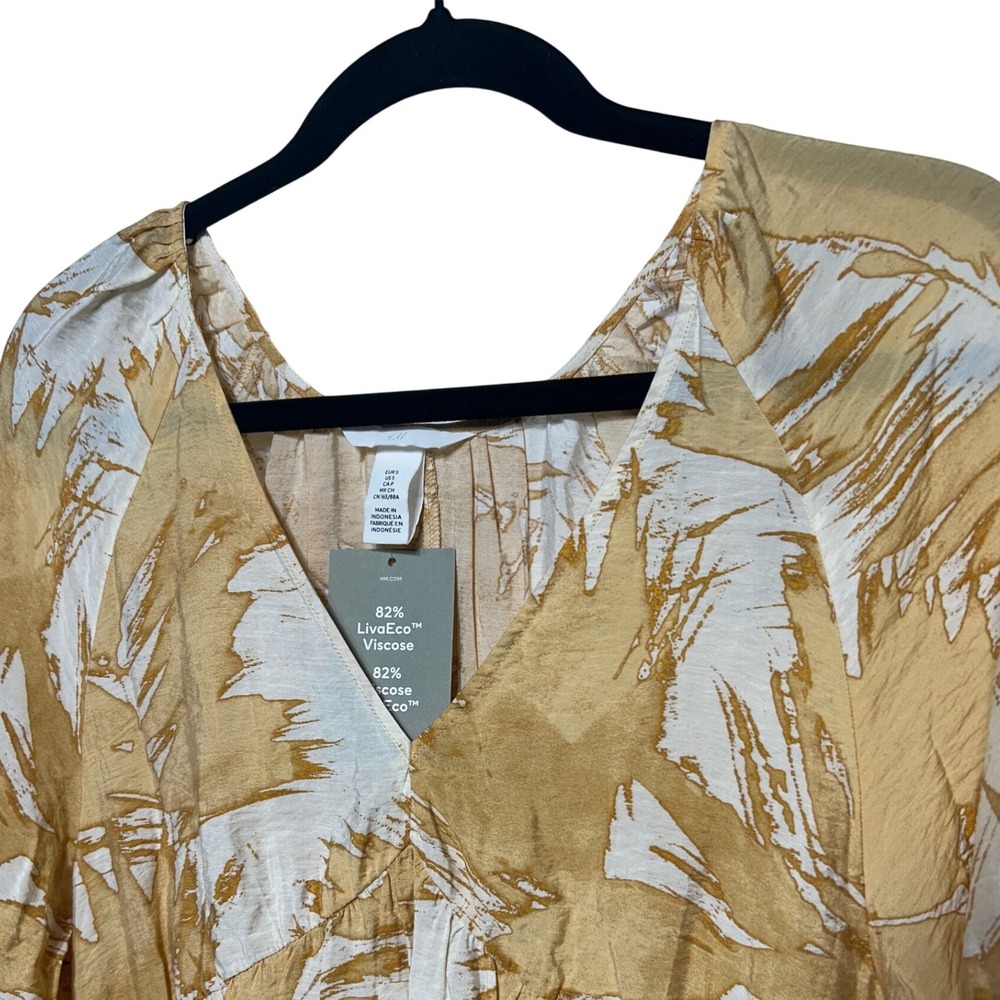 H&M Mini Dress Yellow White Pattern Balloon Sleeve V Neck Women's Size Small NWT - Picture 3 of 9